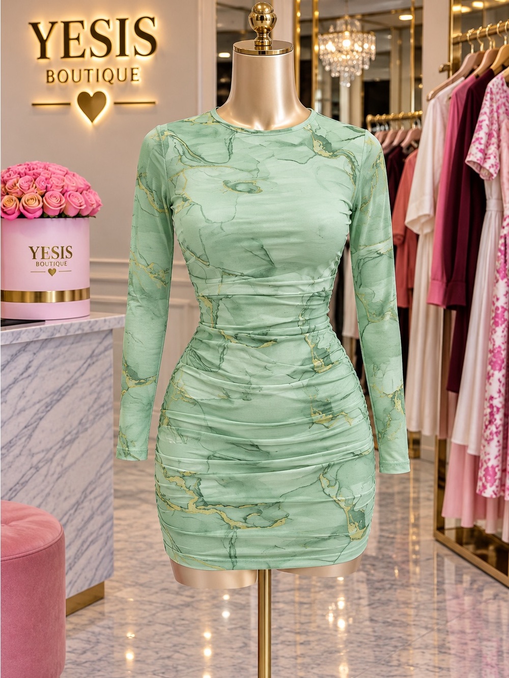 Elegant Green Marble Print Dress